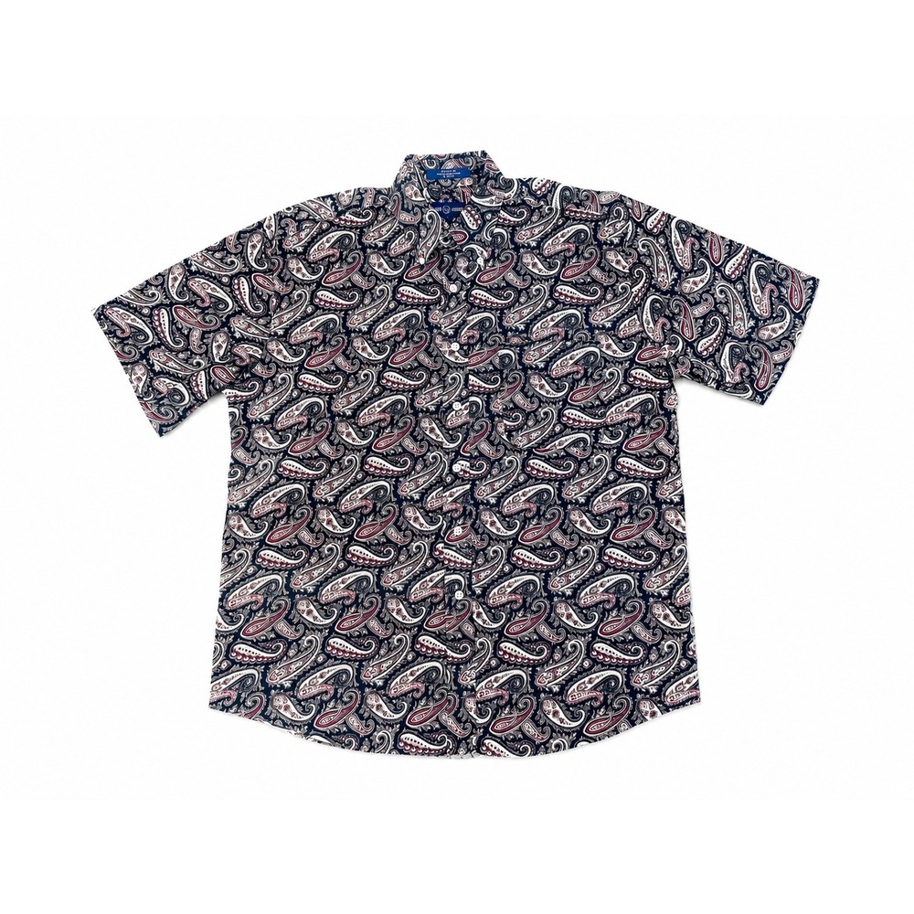 Alan‎ Flusser Men's Paisley Button Front Short Sleeve Shirt Large Black Burgundy